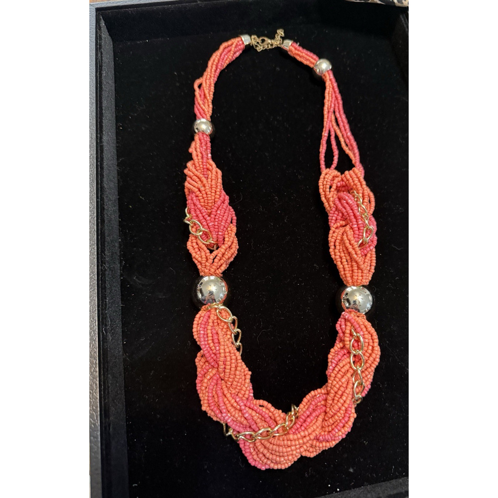 VTG Southwest Multi-Strand Coral Color Seed Bead Necklace 12" Drop 2" Extender